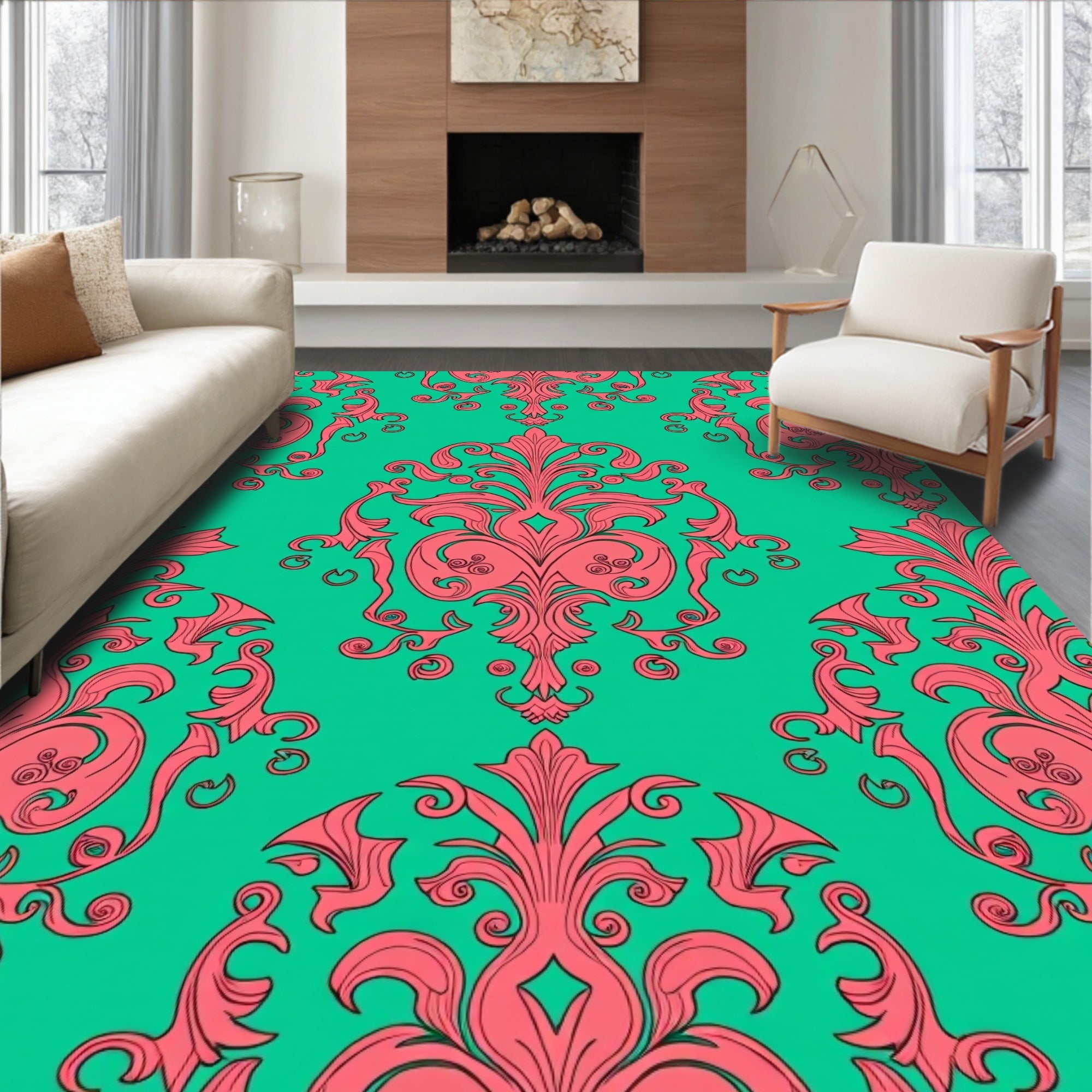 Coral Flourish Damask Pattern Rug