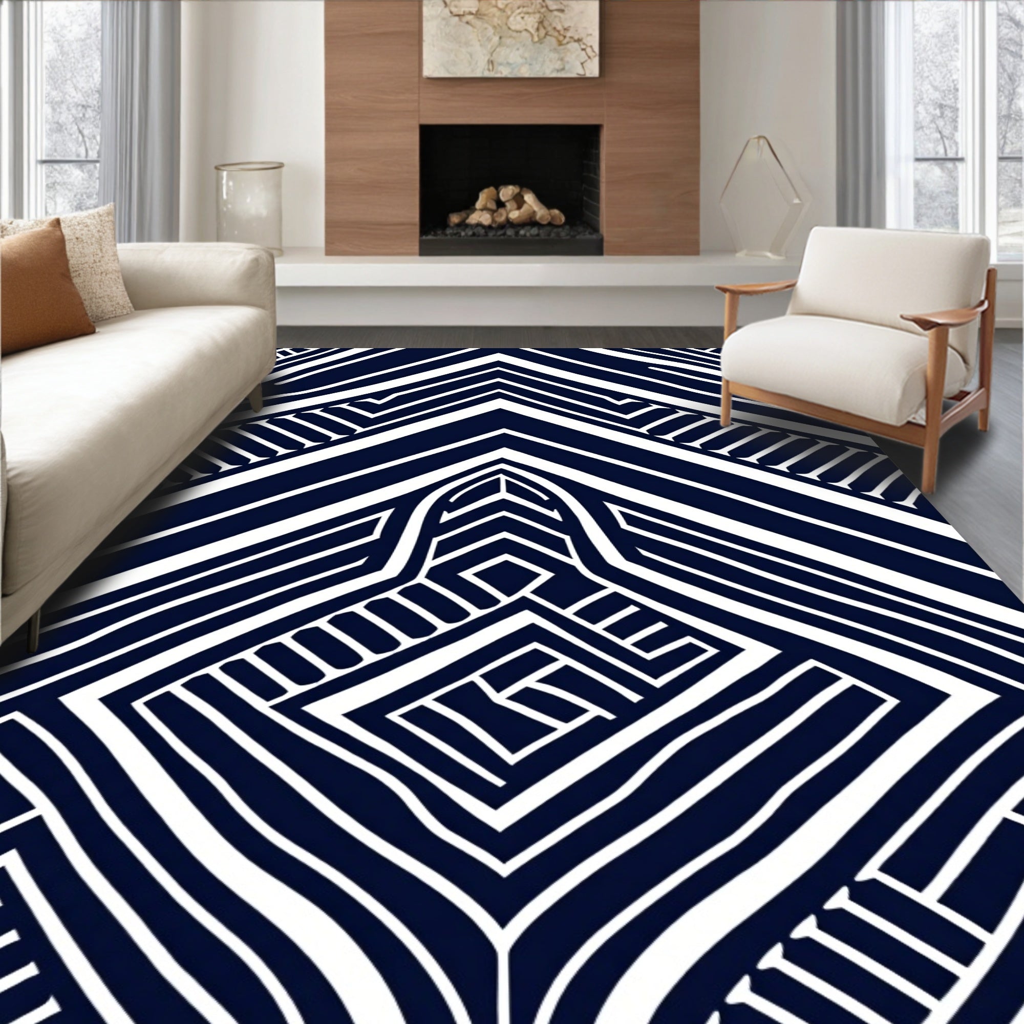 Navy White Geometric Line Art Rug
