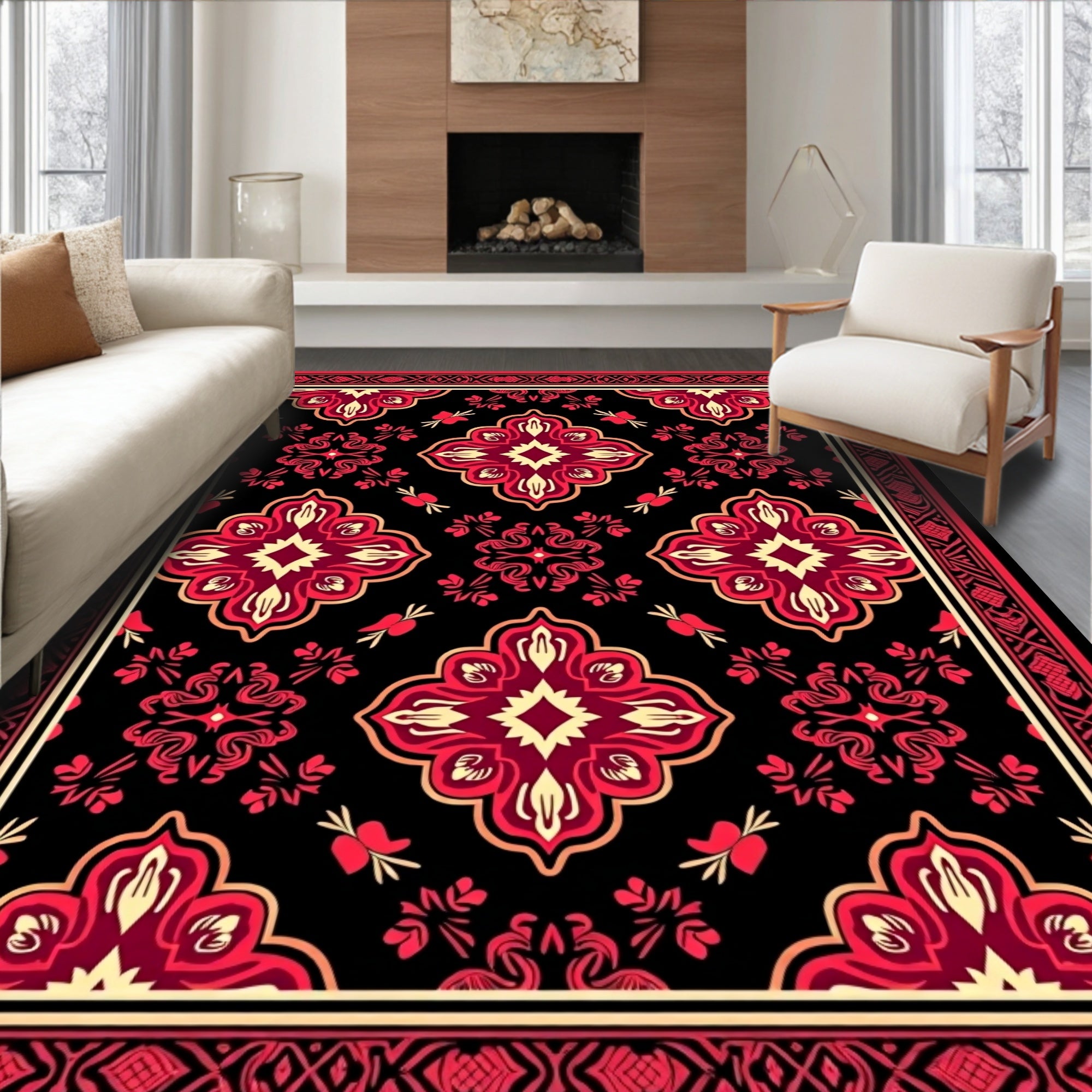 Classic Red Cream Medallion Floral Design Rug
