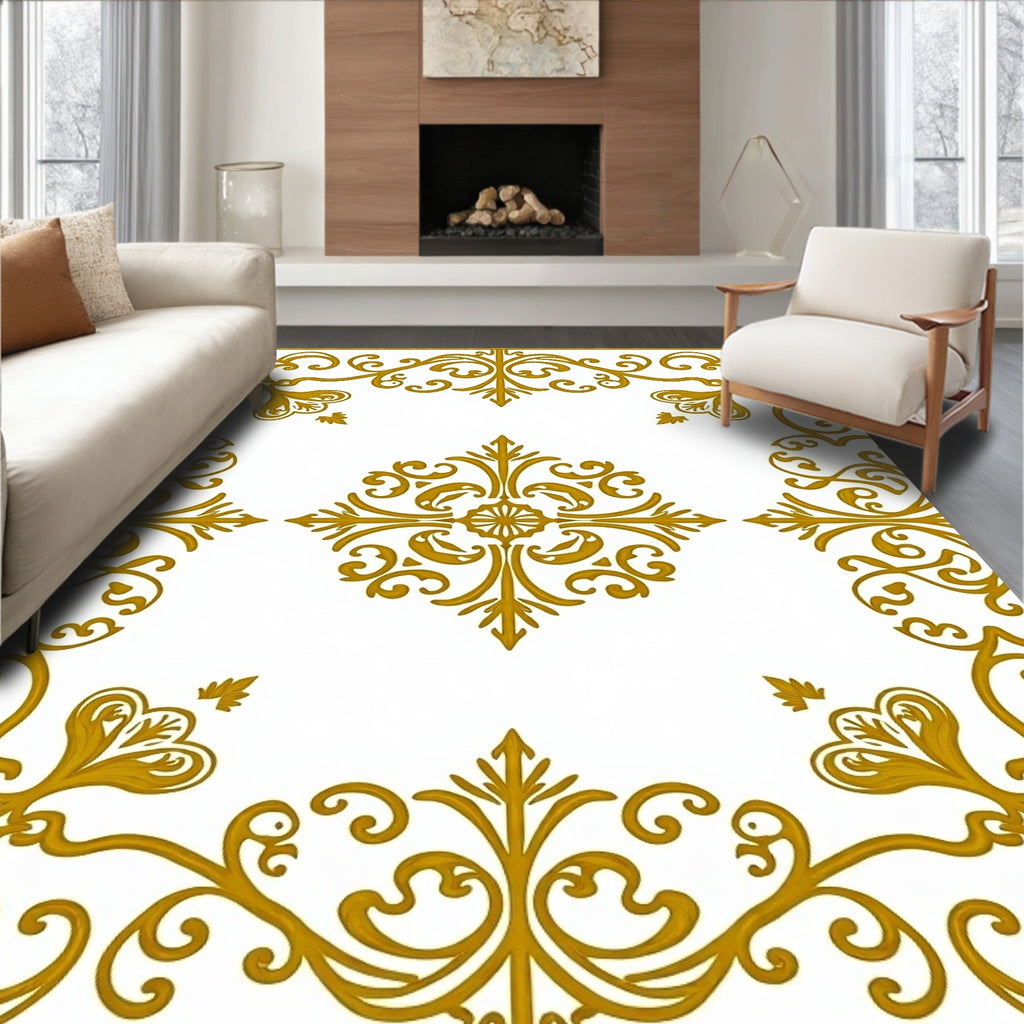 Ornate Golden Scrollwork Pattern Rug