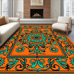 Bold Orange Aqua Floral Mandala Square Rug