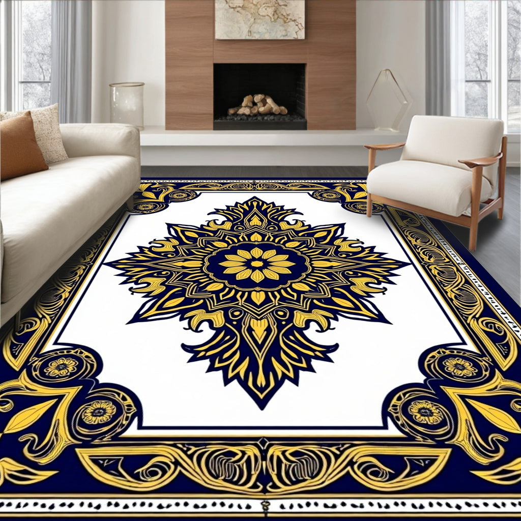 Rich Blue Gold Ornate Floral Rug