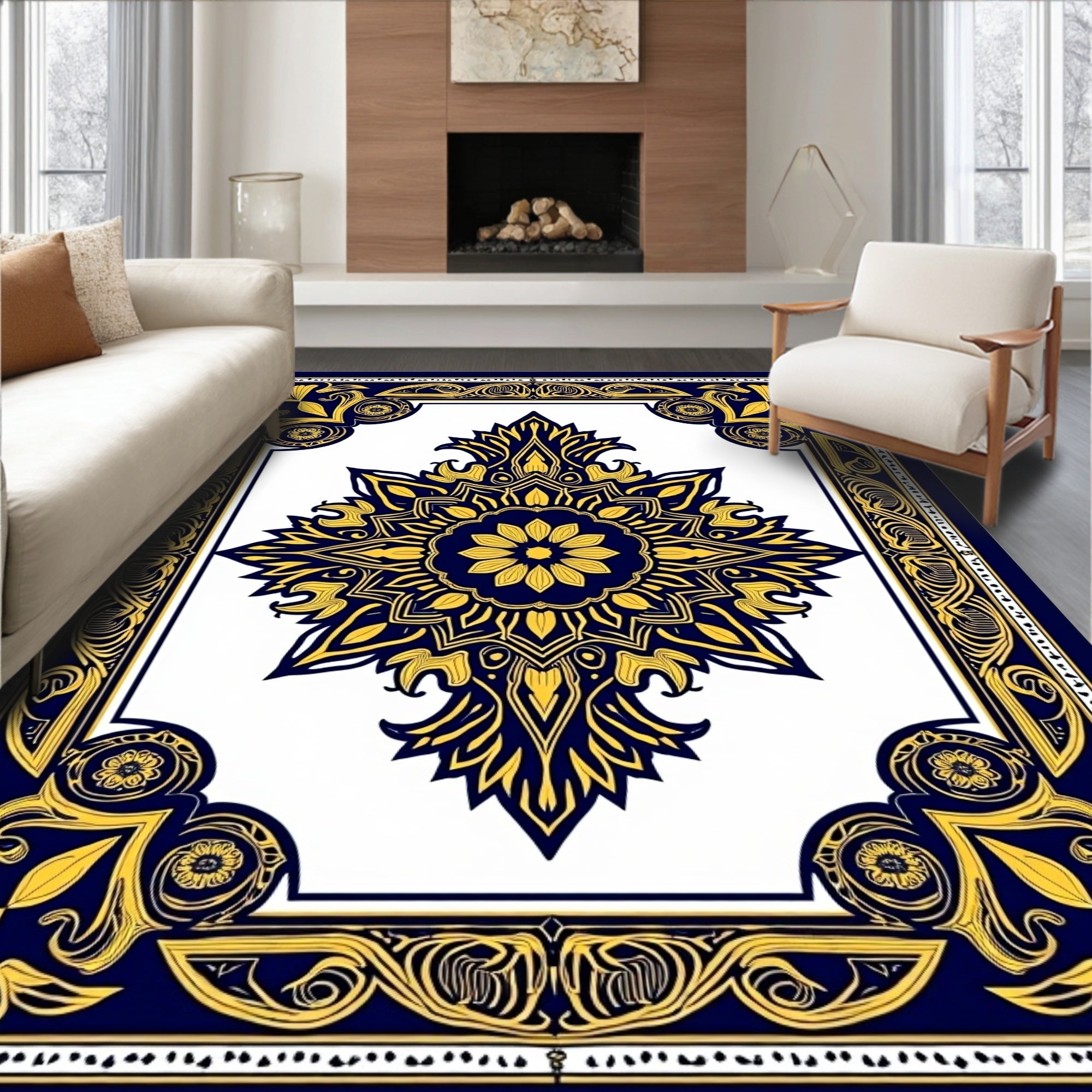 Rich Blue Gold Ornate Floral Rug