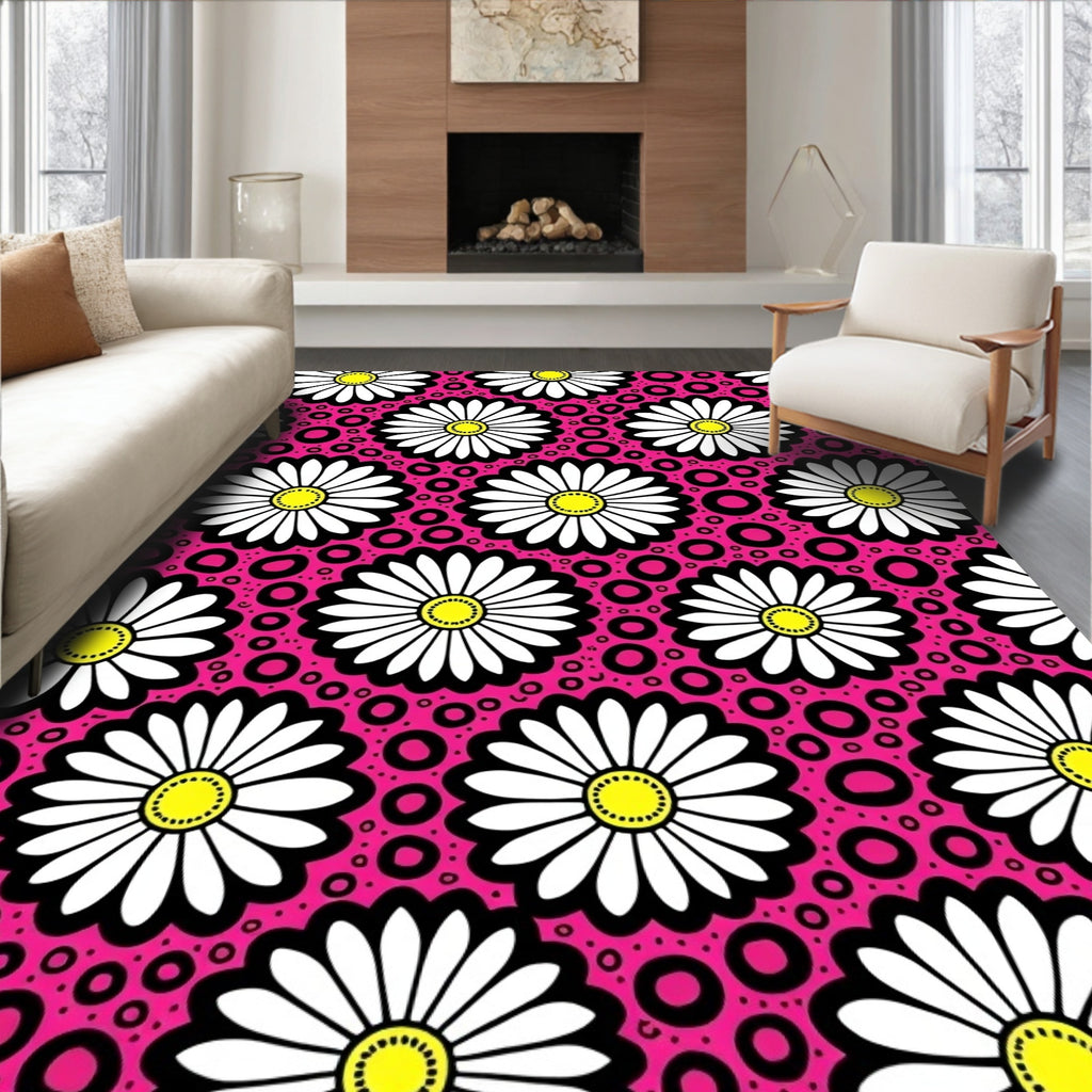 Daisies And Pink Circles Pattern Rug