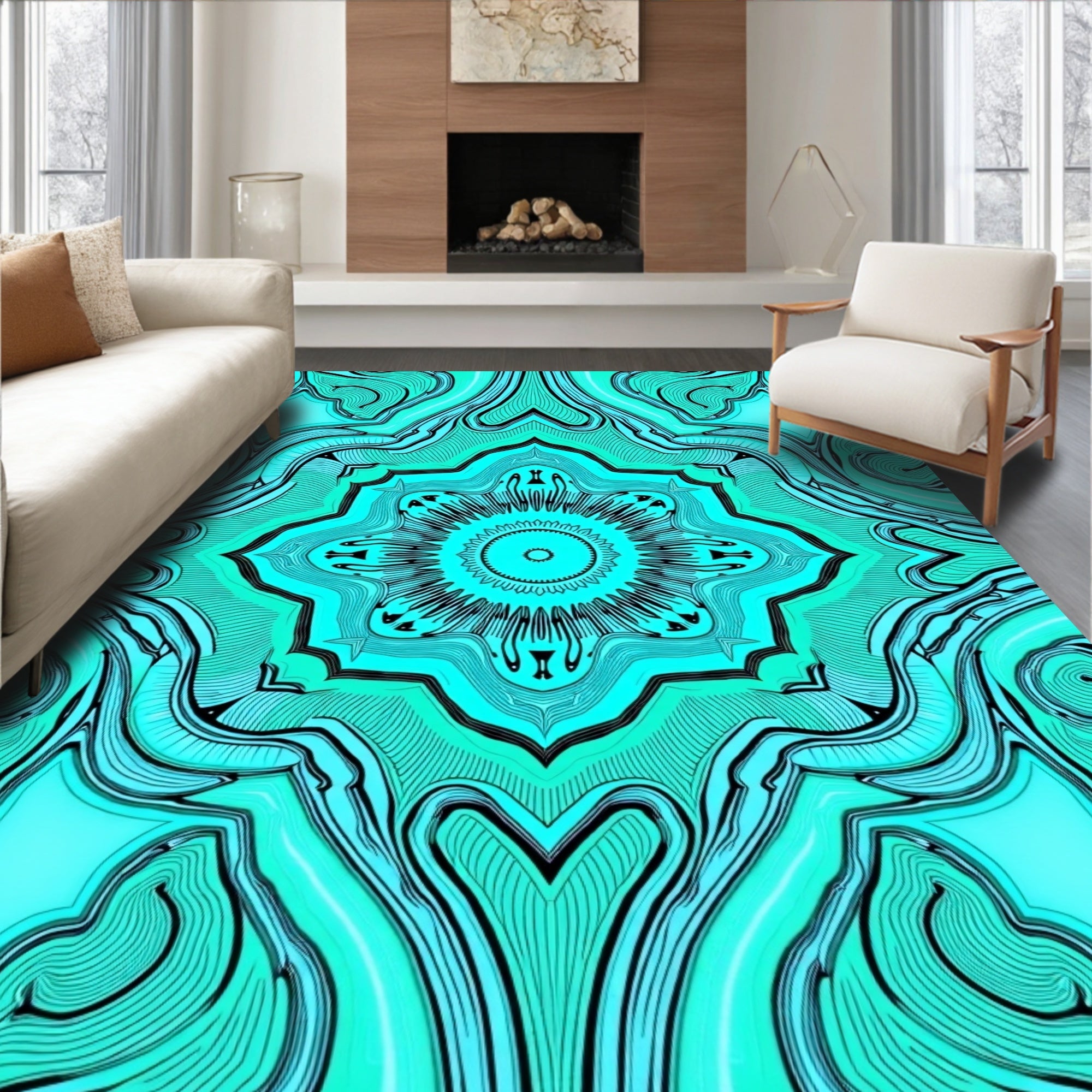 Mandala Style Swirling Aqua Pattern Rug