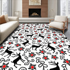 Black Deer Red Bloom Whimsical Art Rug