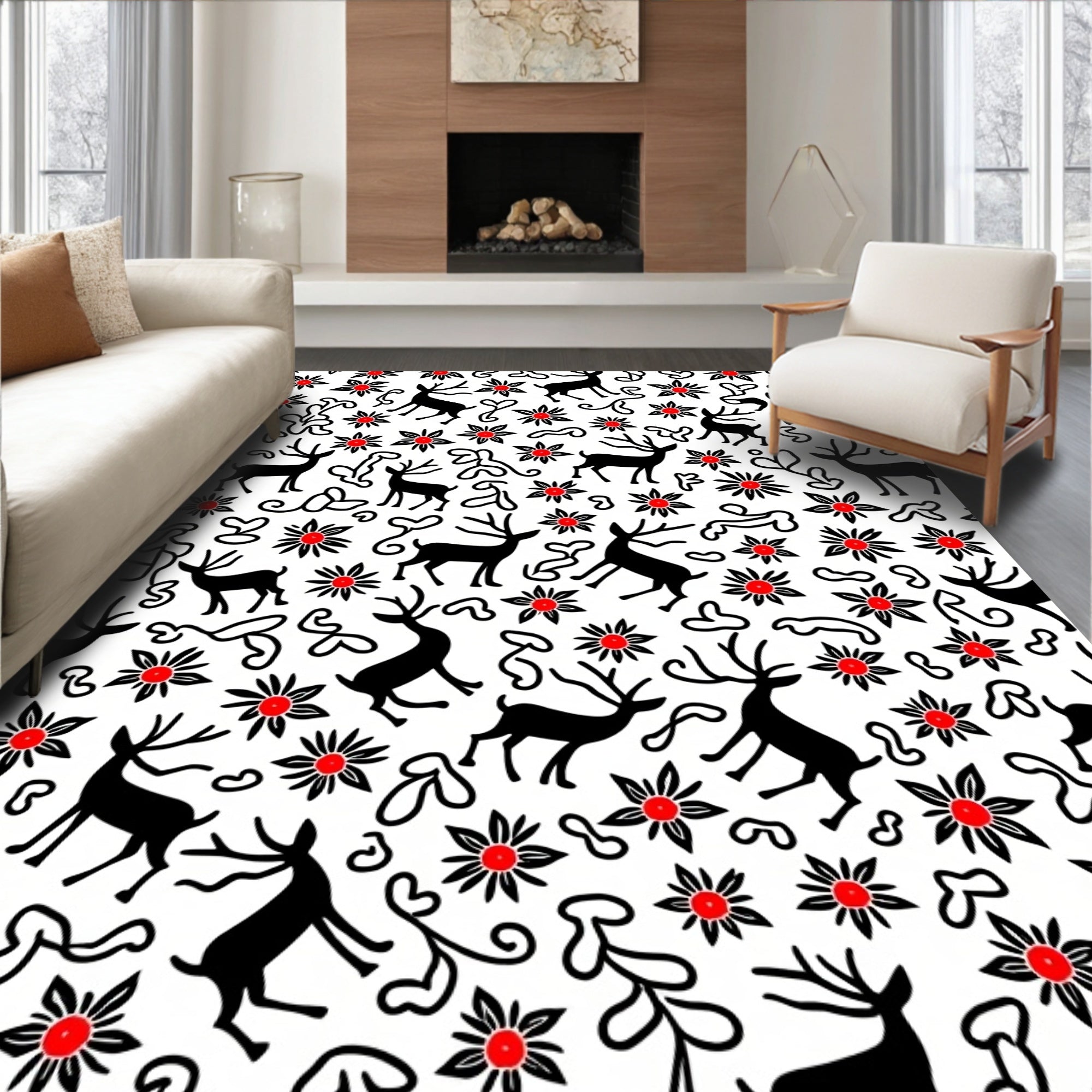 Black Deer Red Bloom Whimsical Art Rug