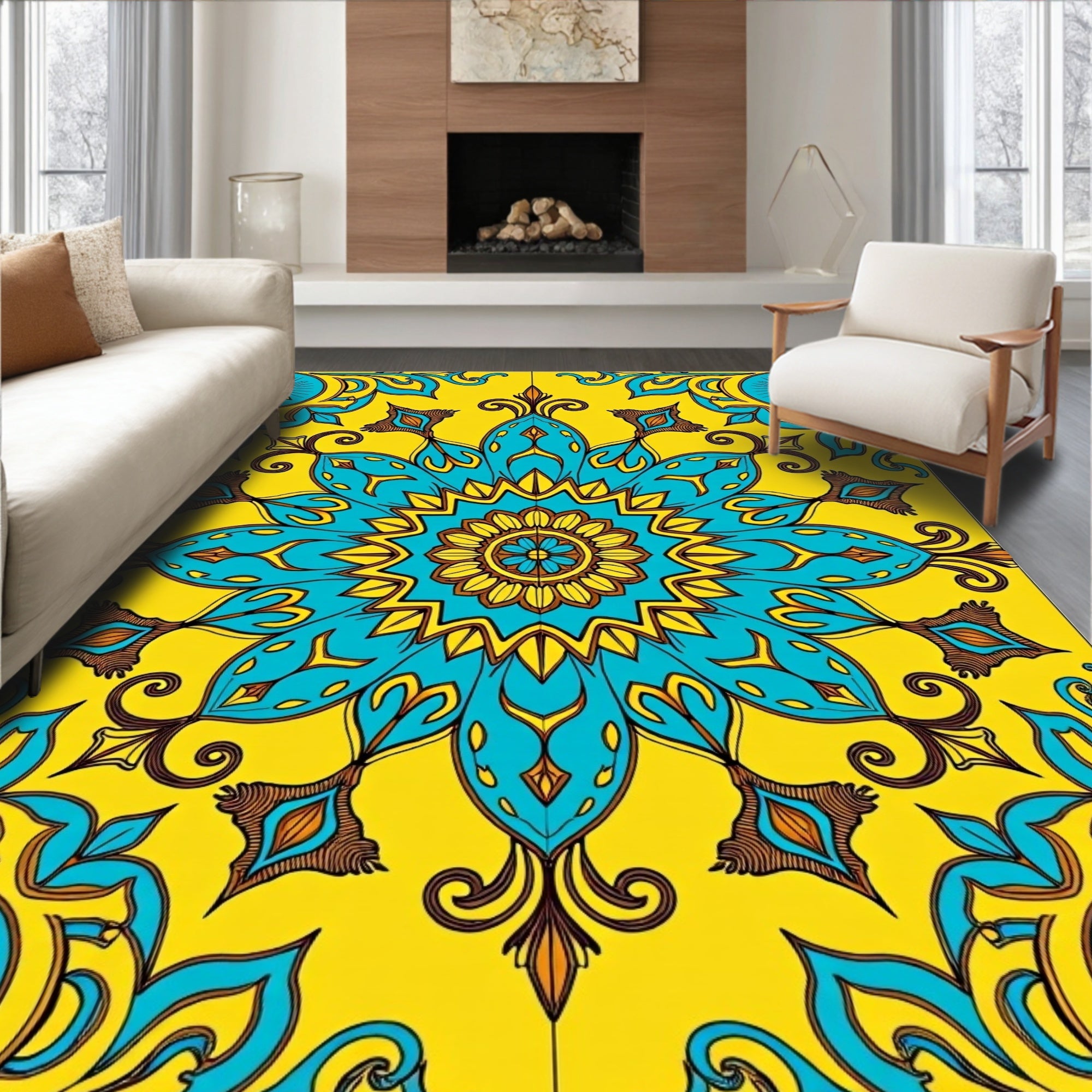Bright Teal Yellow Floral Mandala Rug