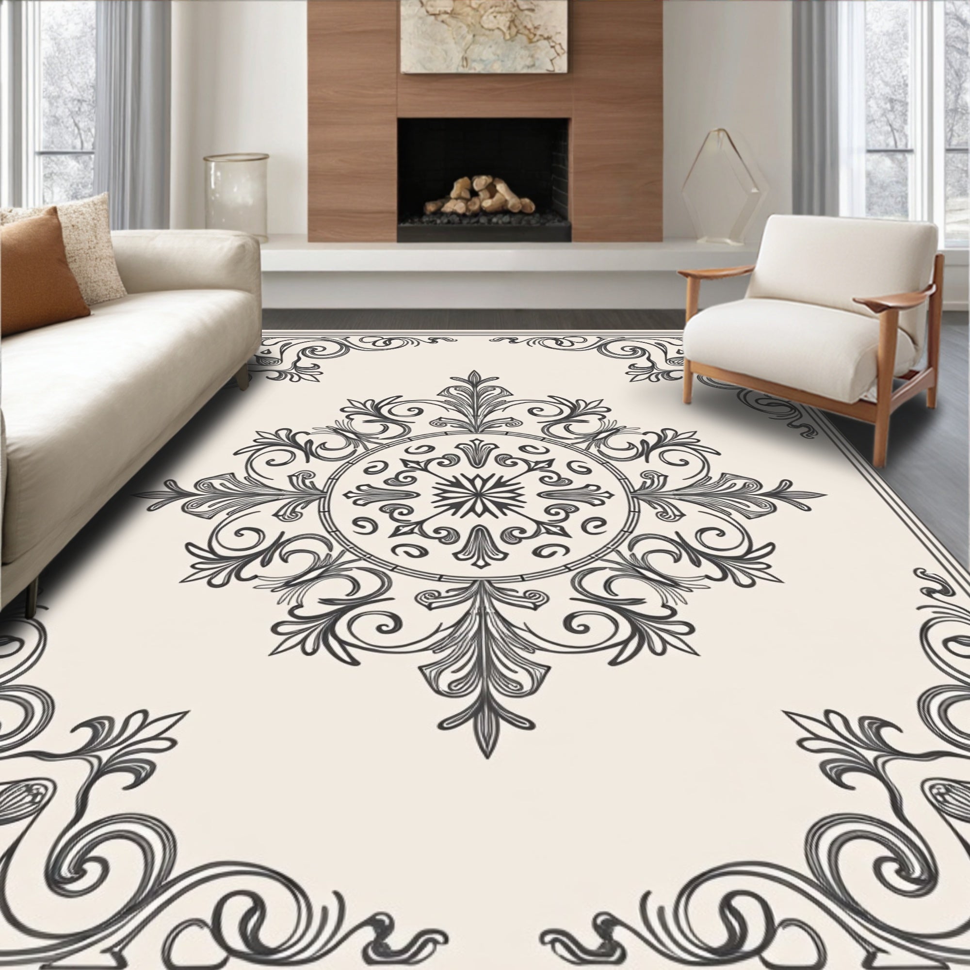 Ornate Scrollwork Central Medallion Style Rug