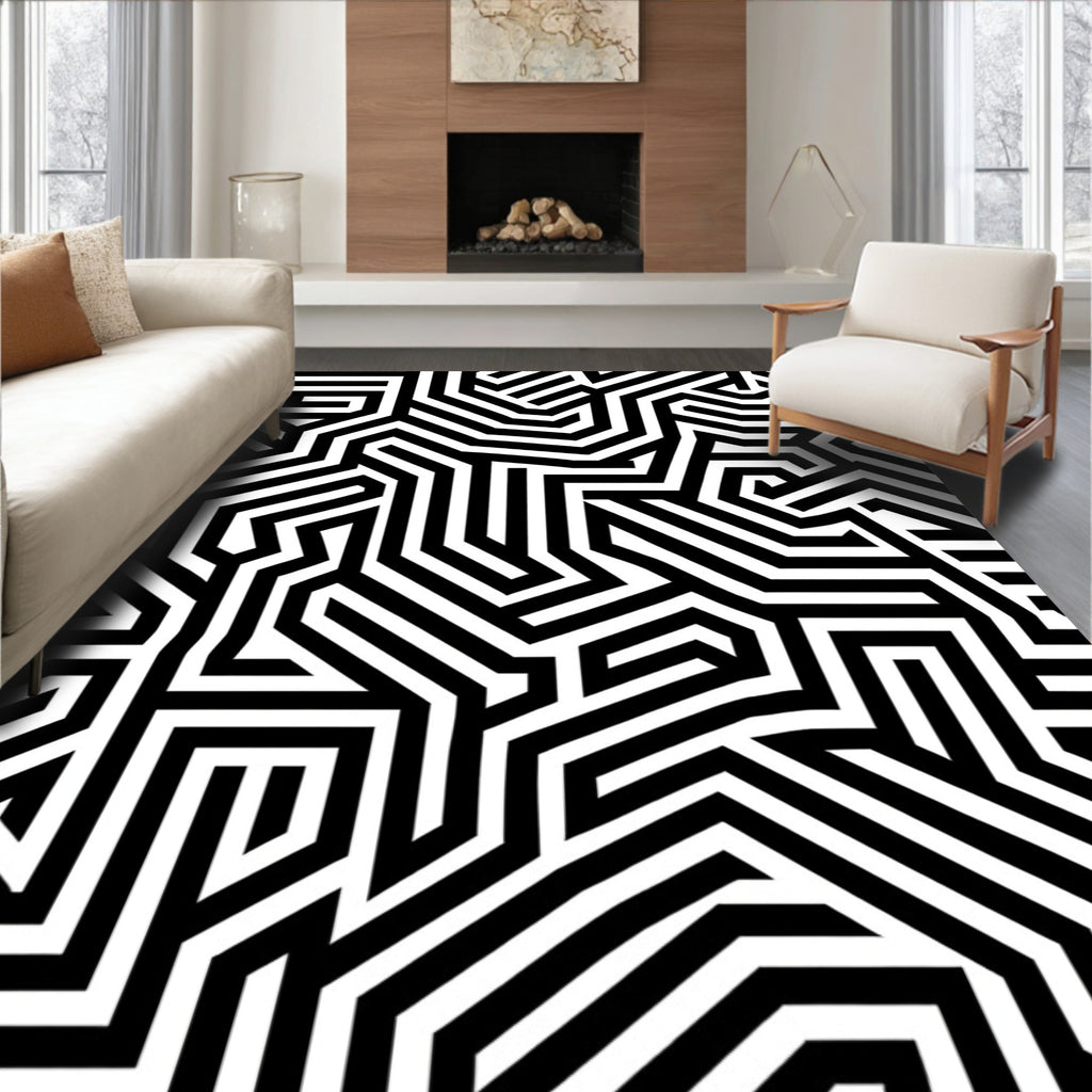 Black White Geometric Maze Design Rug
