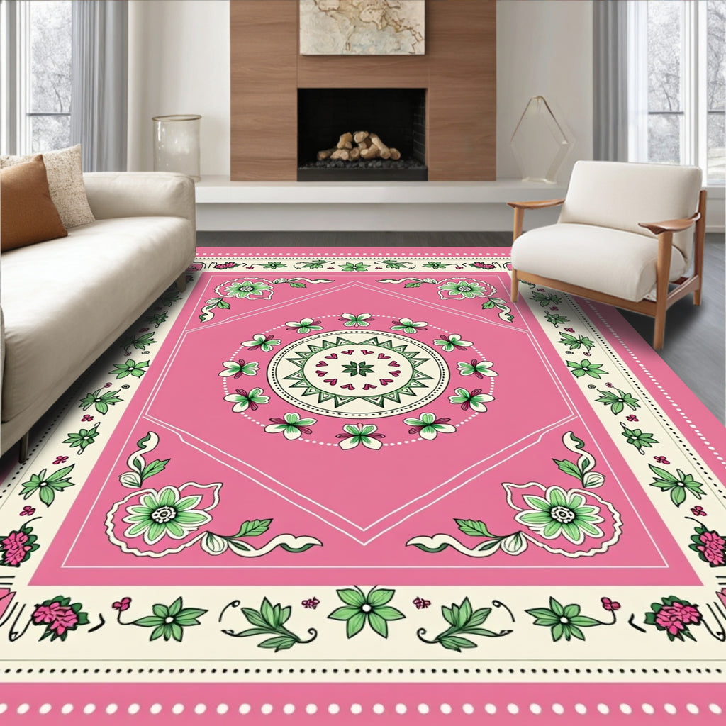 Pink Floral Geometric Design Rug