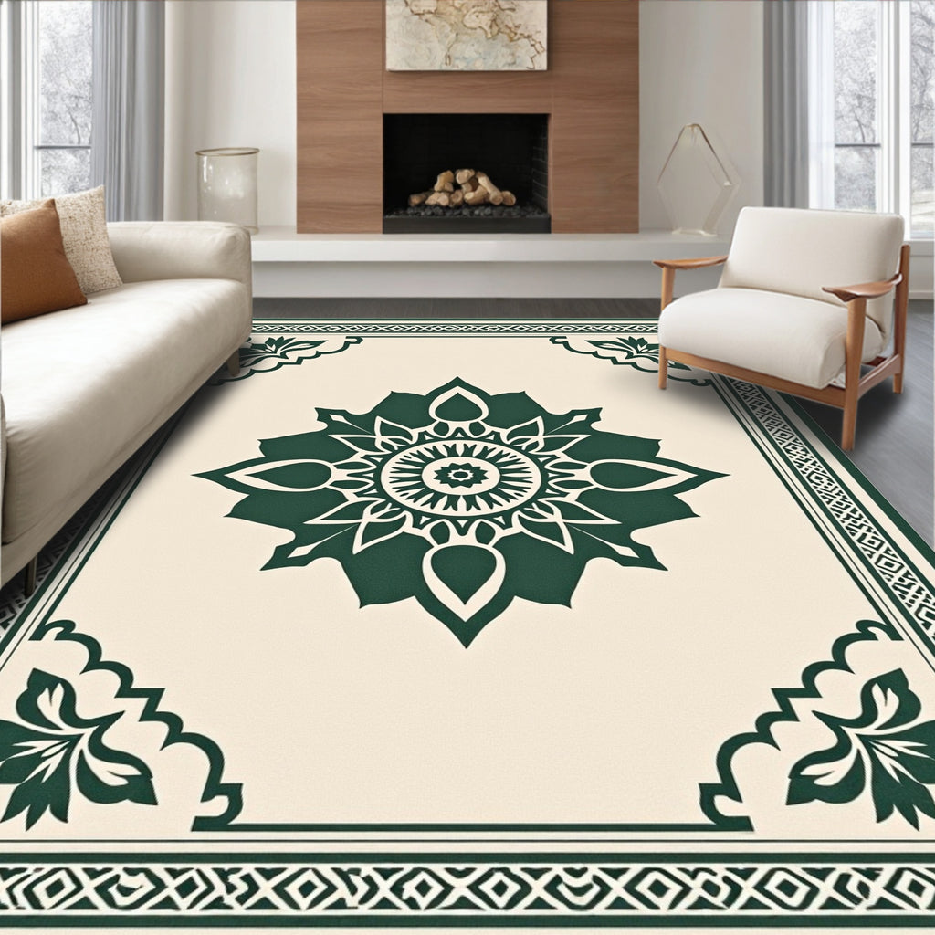 Dark Green Floral Mandala Geometric Design Rug