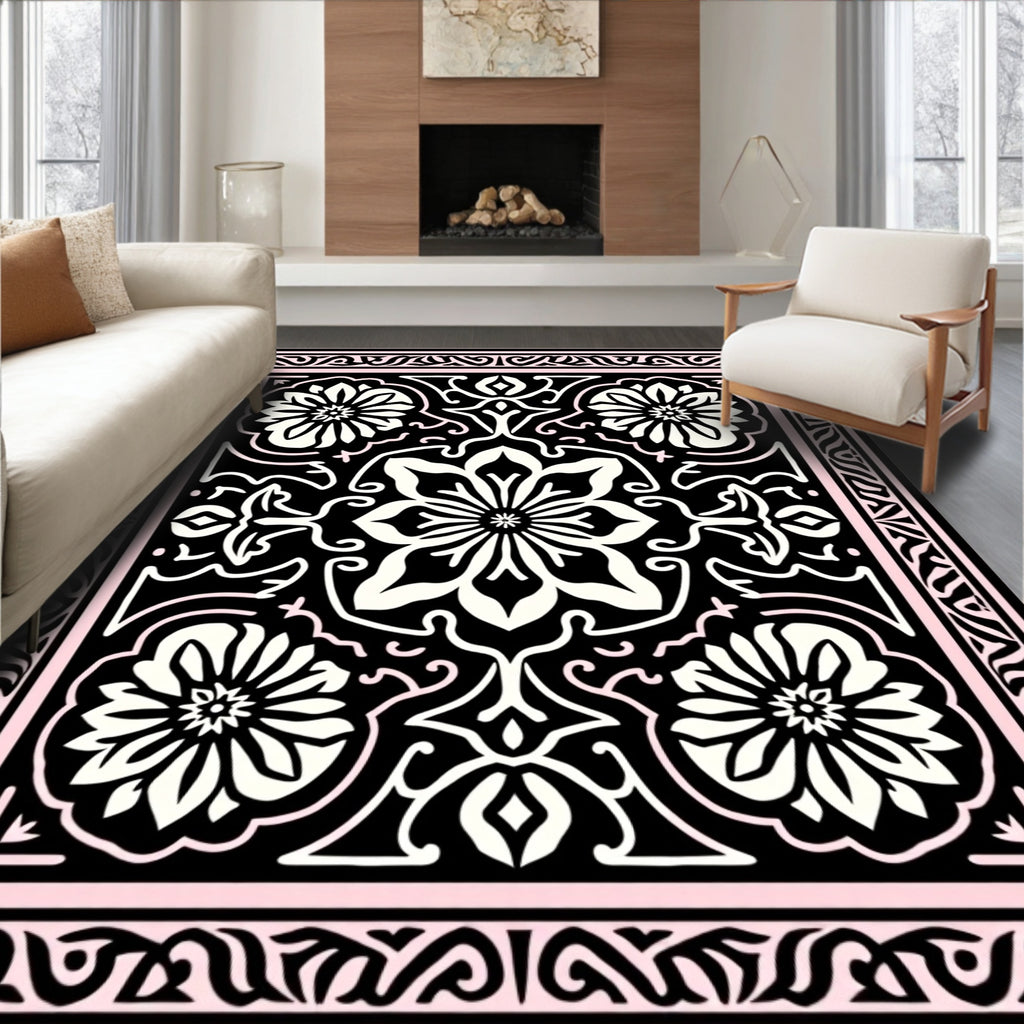 Black Floral Intricate Medallion Pattern Rug