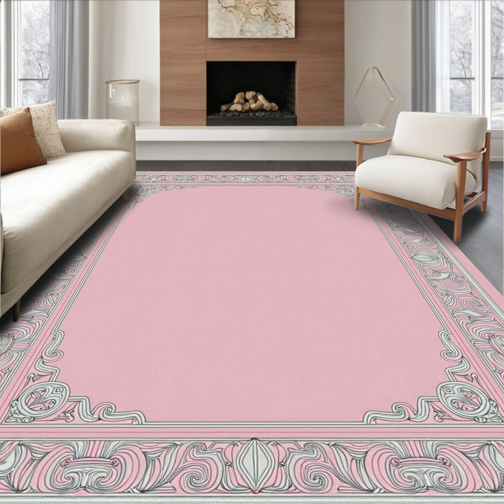 Vintage Pink Ornate Floral Frame Rug
