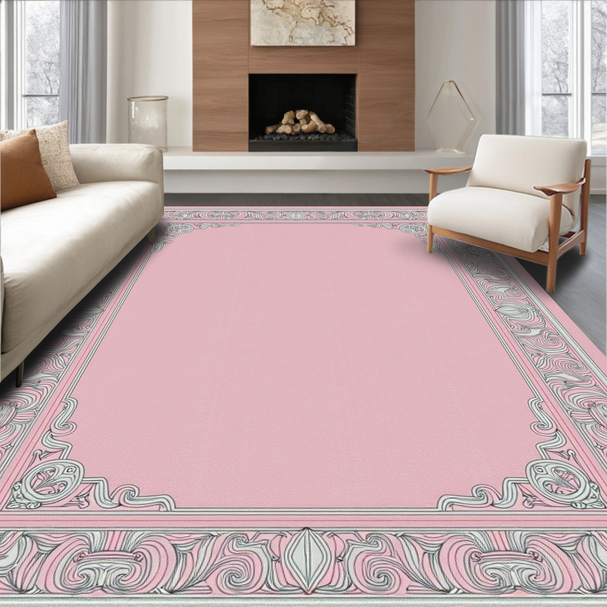 Vintage Pink Ornate Floral Frame Rug