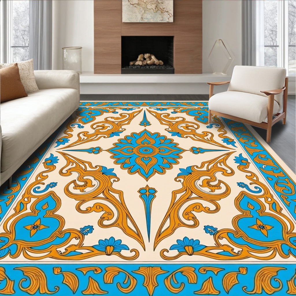 Ornate Floral Medallion Blue Gold Rug