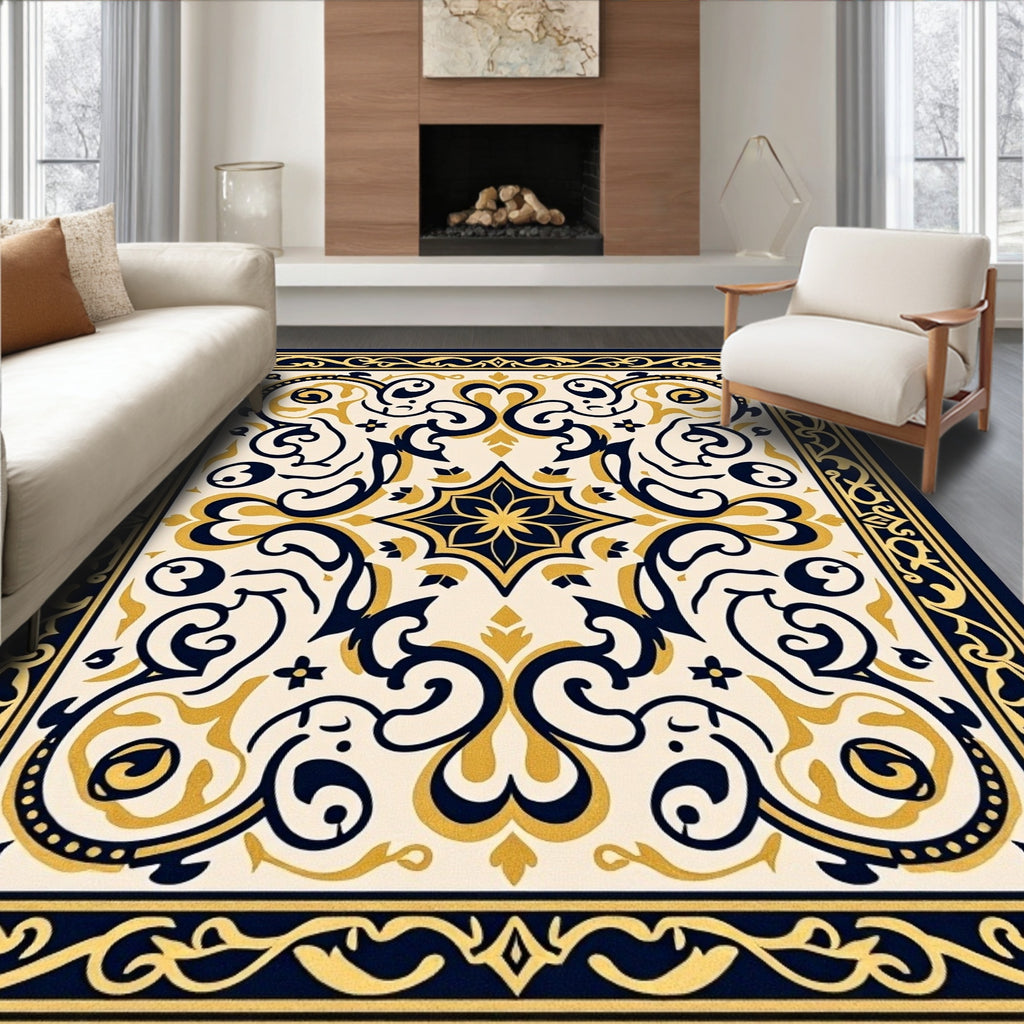 Elegant Navy Gold Scrollwork Pattern Rug