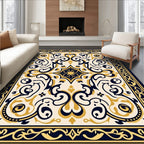 Elegant Navy Gold Scrollwork Pattern Rug