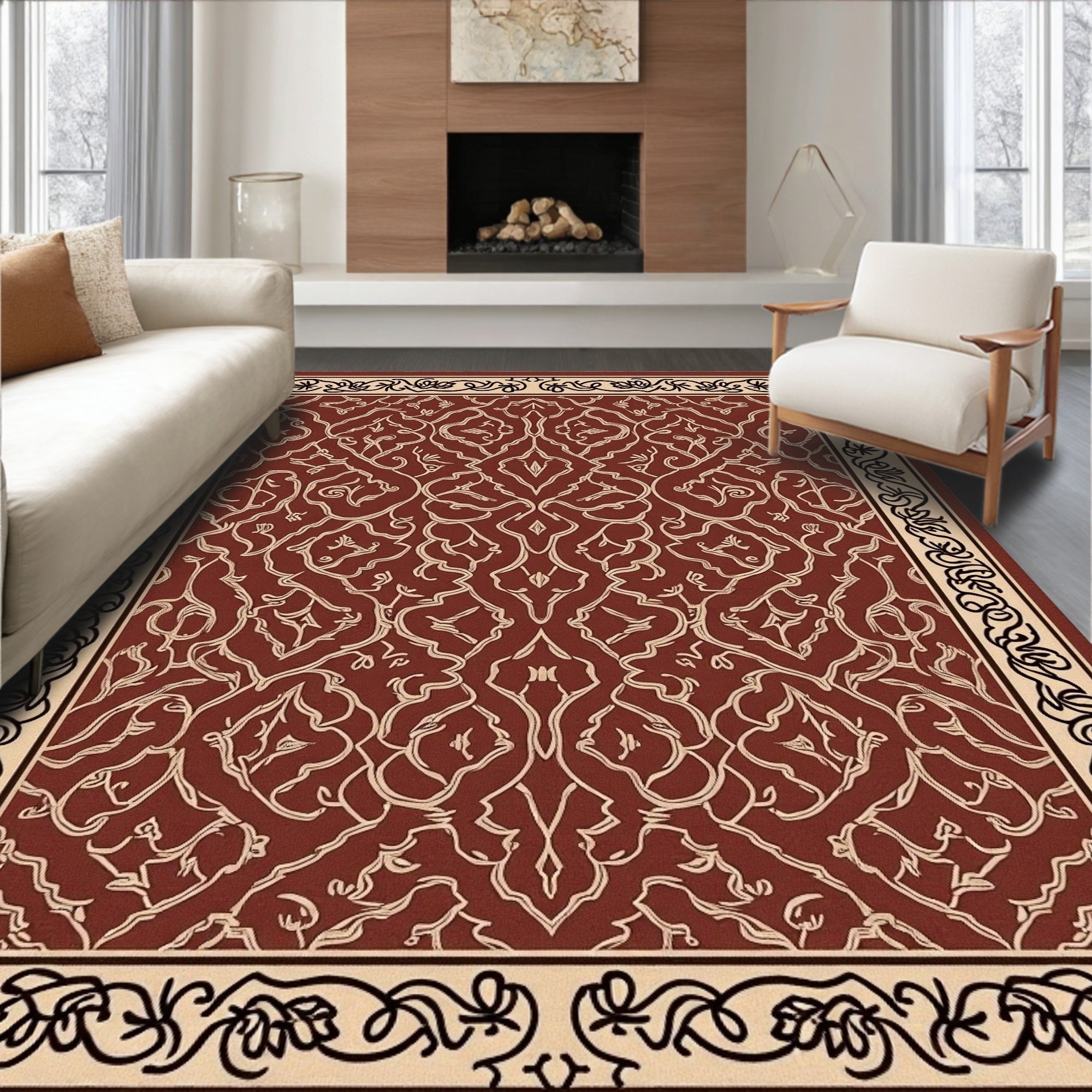 Ornate Cream Border Red Floral Pattern Rug