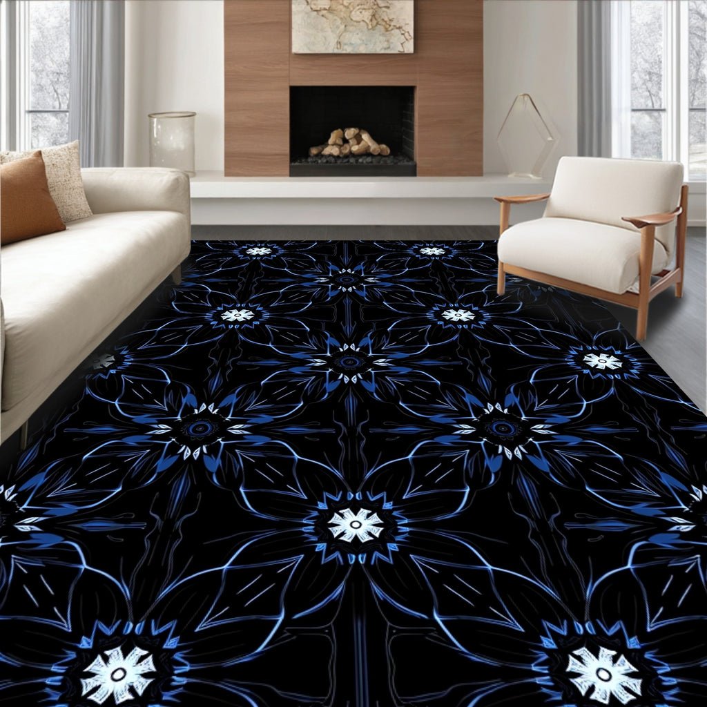 Dark Blue Geometric Floral Pattern Rug