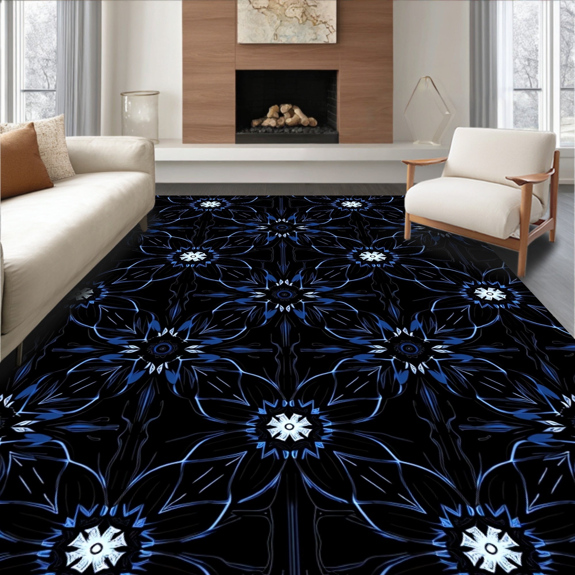 Dark Blue Geometric Floral Pattern Rug