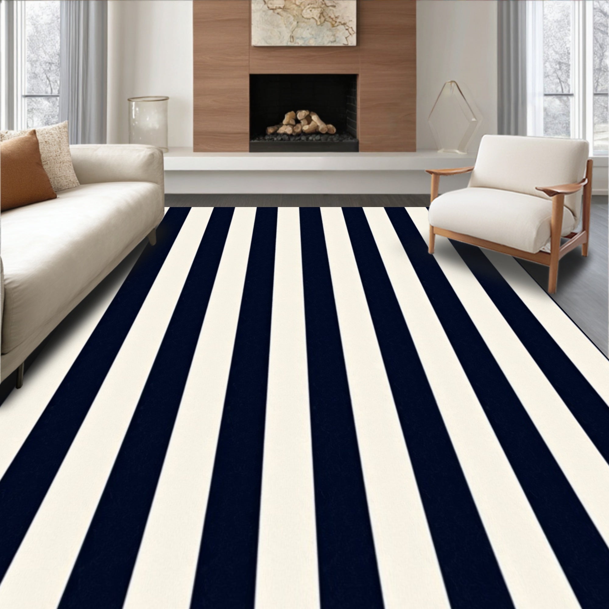 Bold Navy and Cream Stripe Design Rug