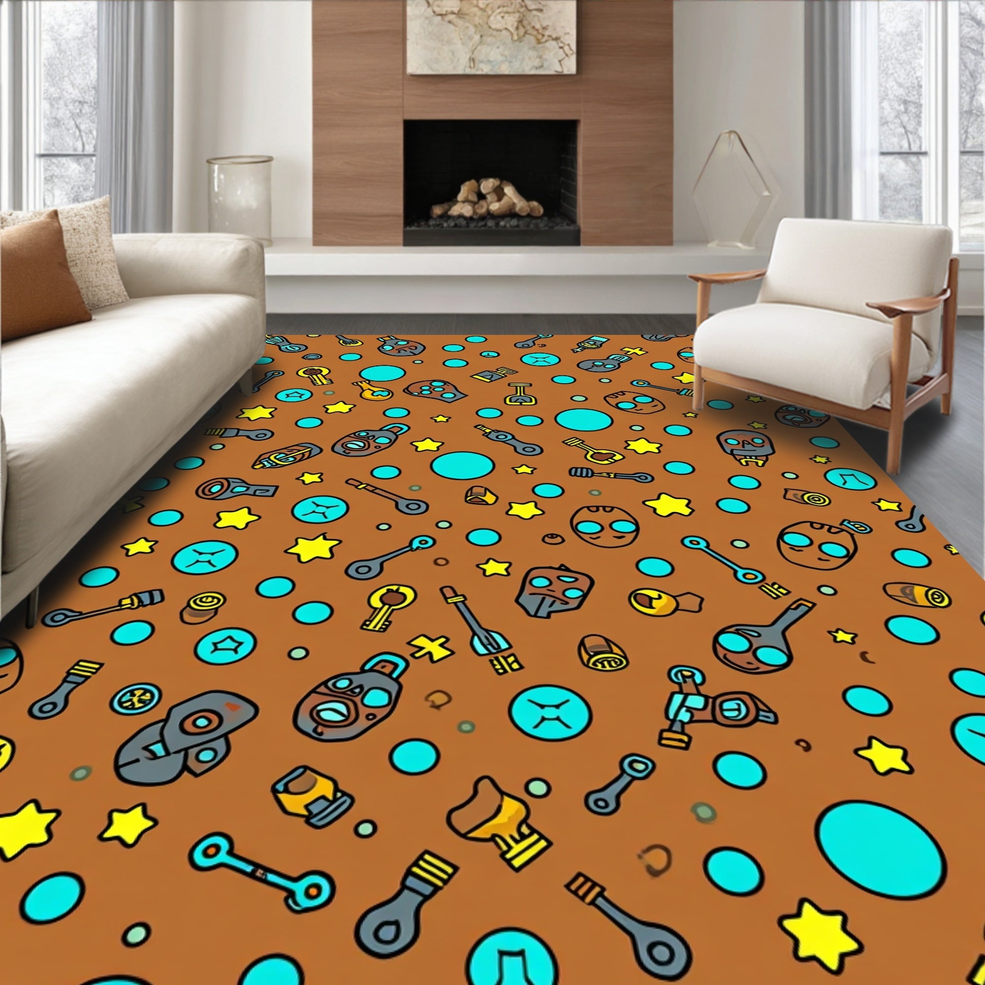 Whimsical Cartoon Icons Pattern Rug