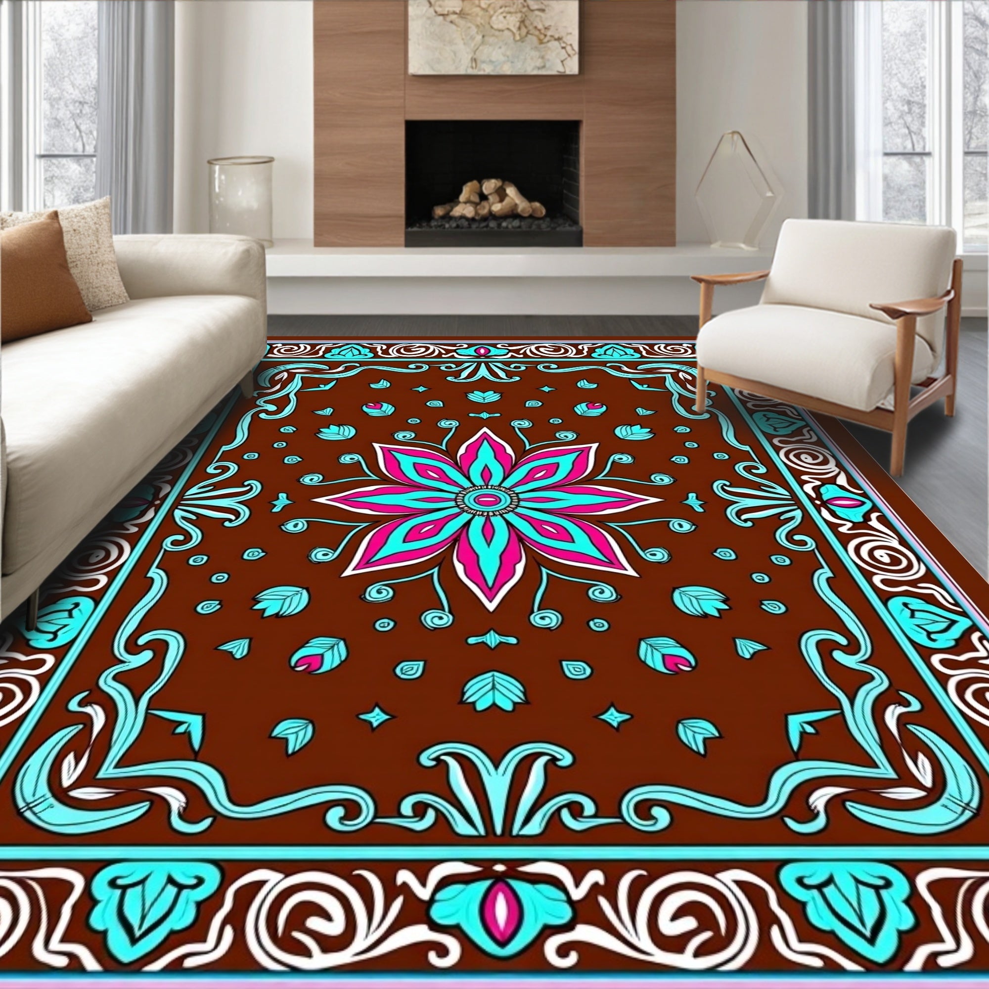 Bold Floral Medallion With Geometric Border Rug