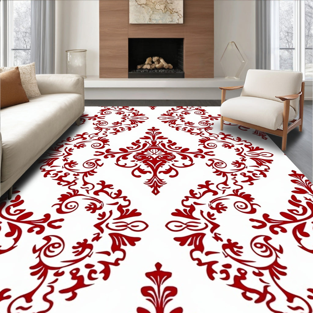Red White Classic Damask Design Rug