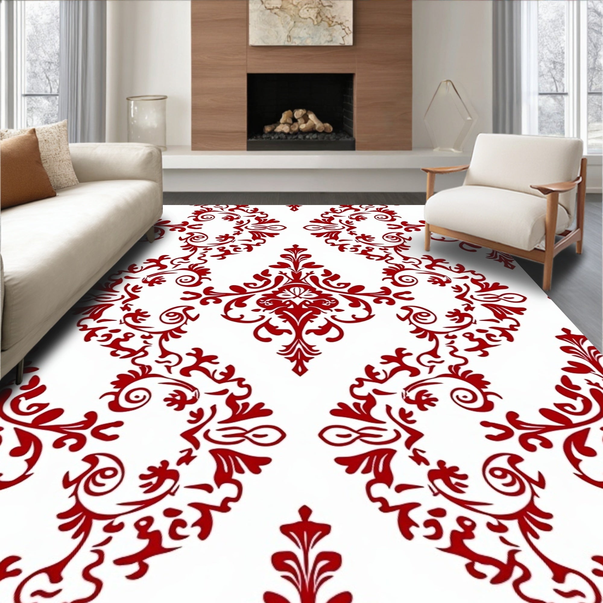 Red White Classic Damask Design Rug