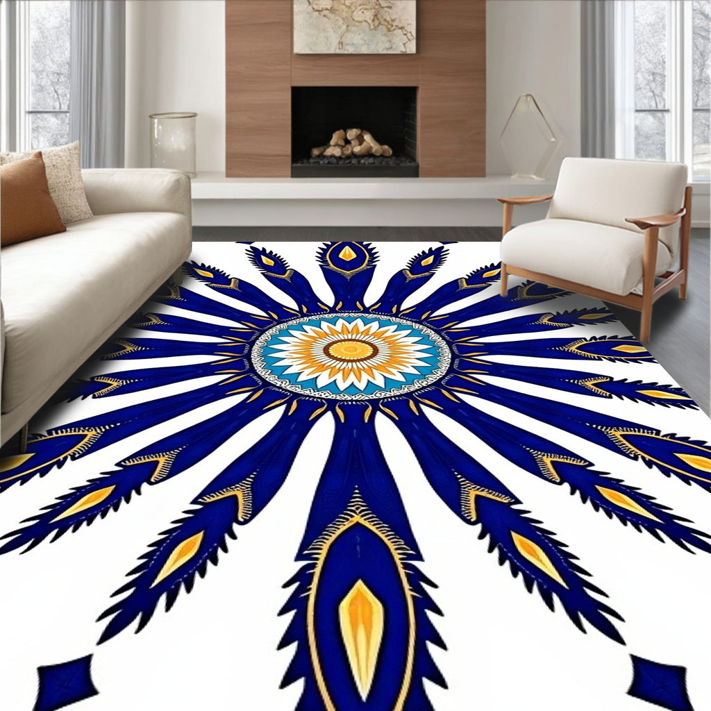 Exotic Sunburst Royal Blue Mandala Pattern Rug