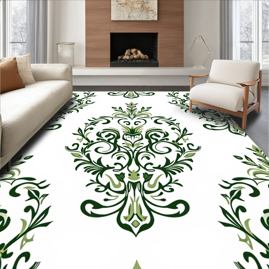 Classic Green Leaf Damask Pattern Rug