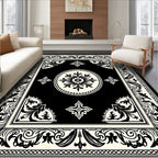 Black and Cream Floral Mandala Border Rug