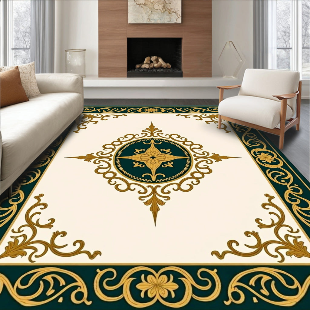 Ornate Gold Teal Floral Border Design Rug