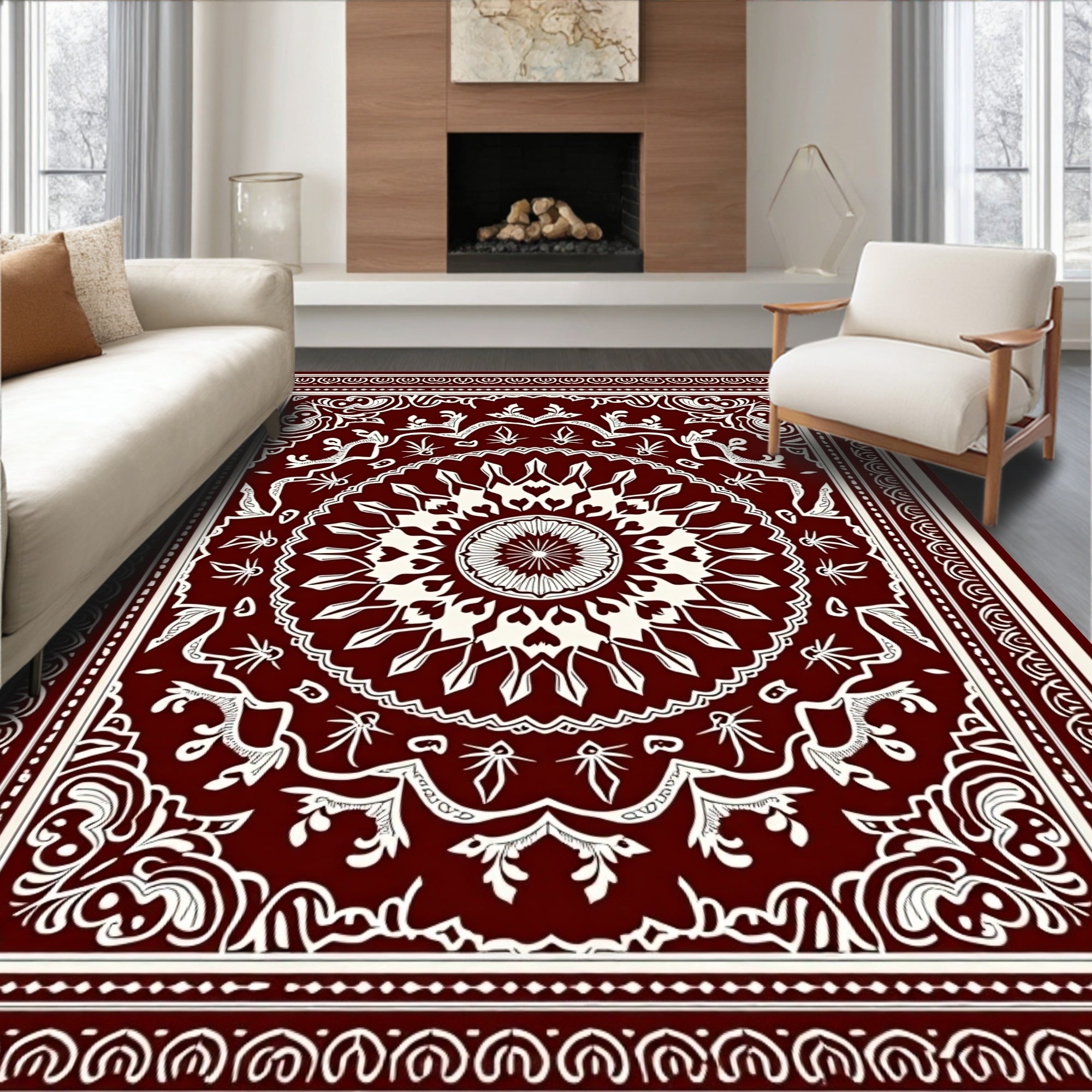 Rich Maroon Floral Mandala Pattern Rug