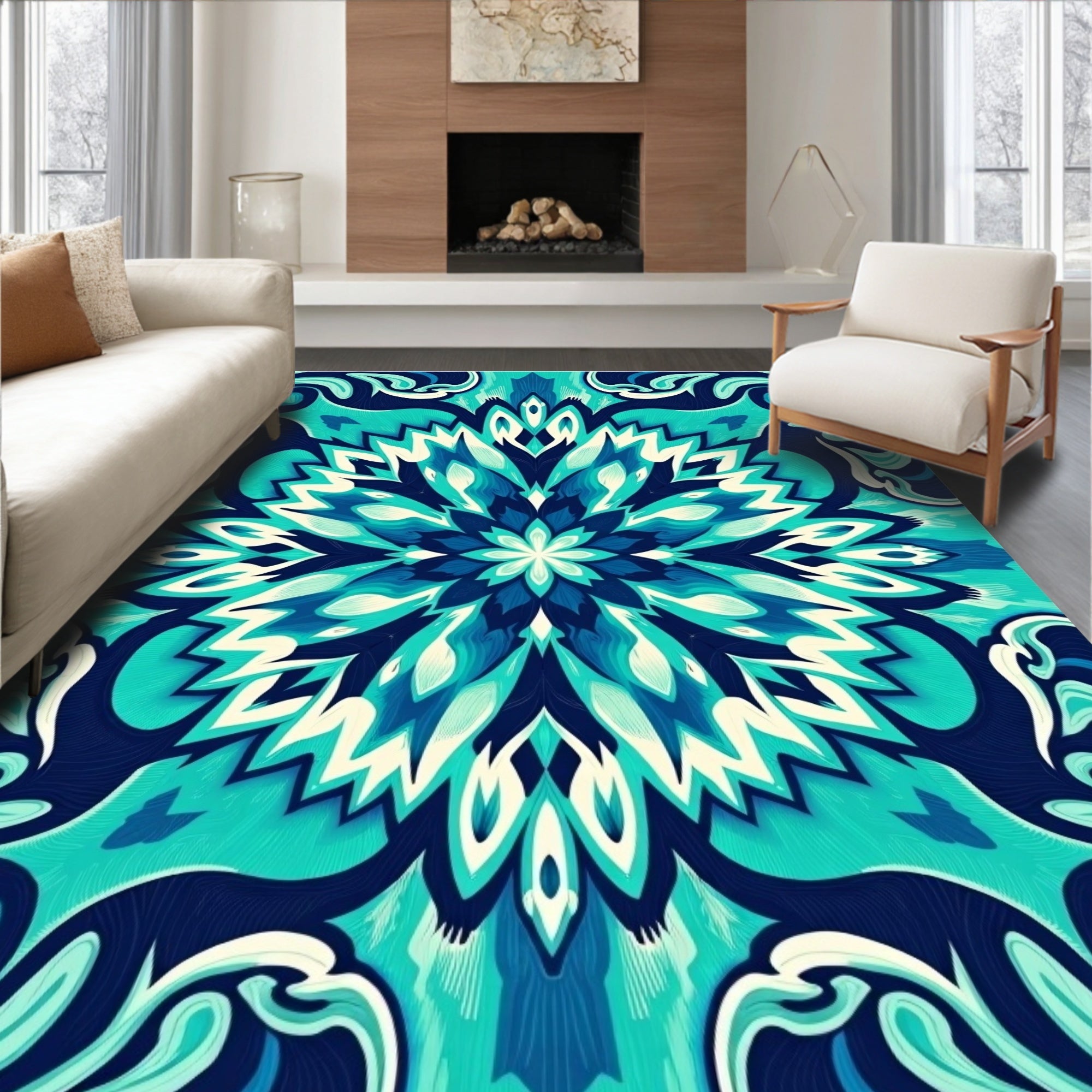 Vibrant Teal Blue Floral Mandala Pattern Rug
