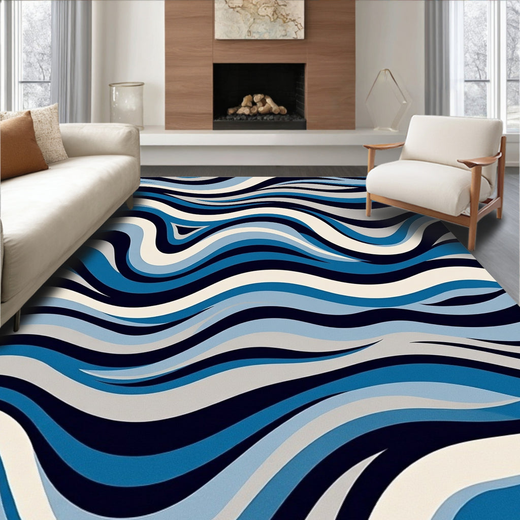 Wavy Blue Cream Abstract Pattern Rug