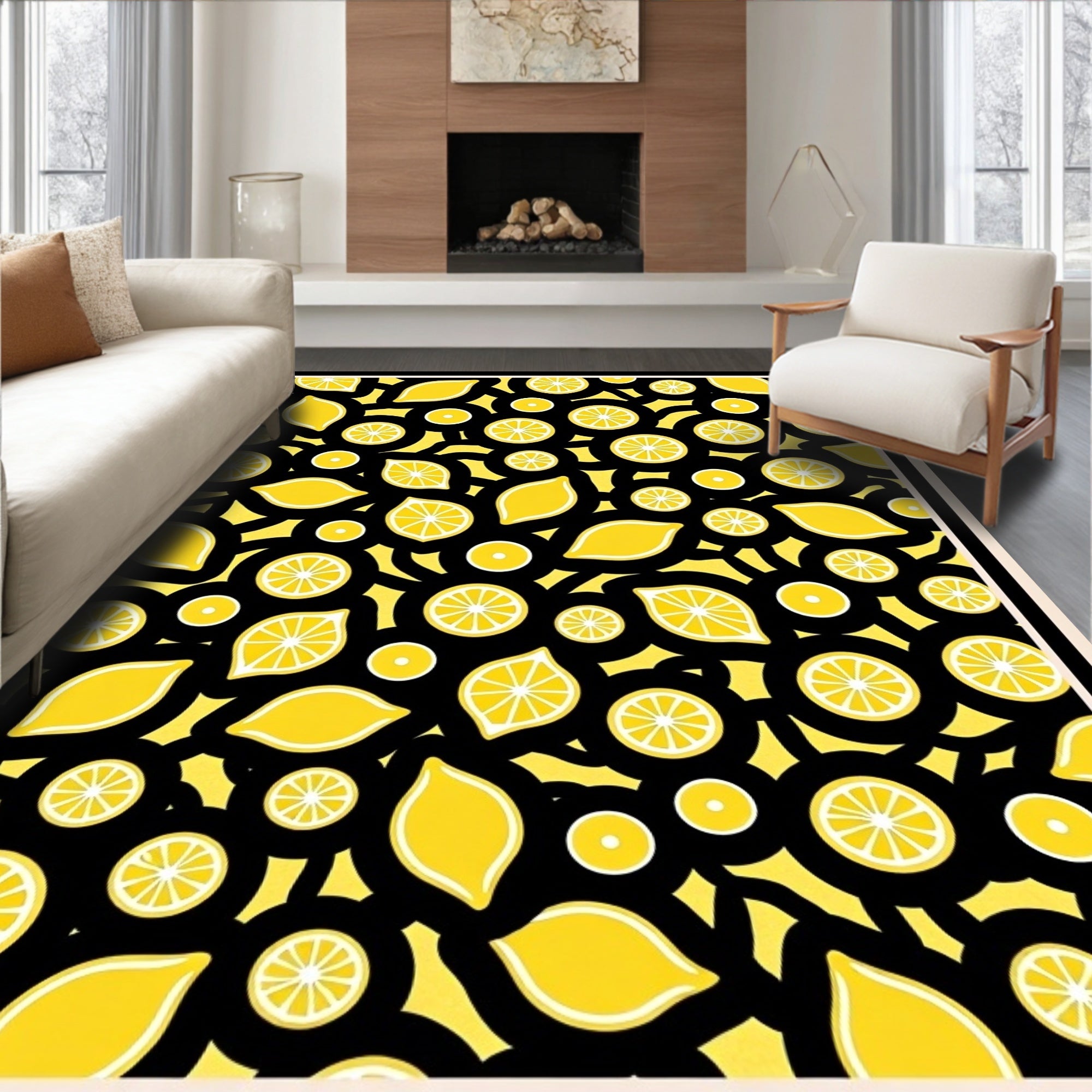 Vibrant Yellow Lemon Slice Pattern Rug