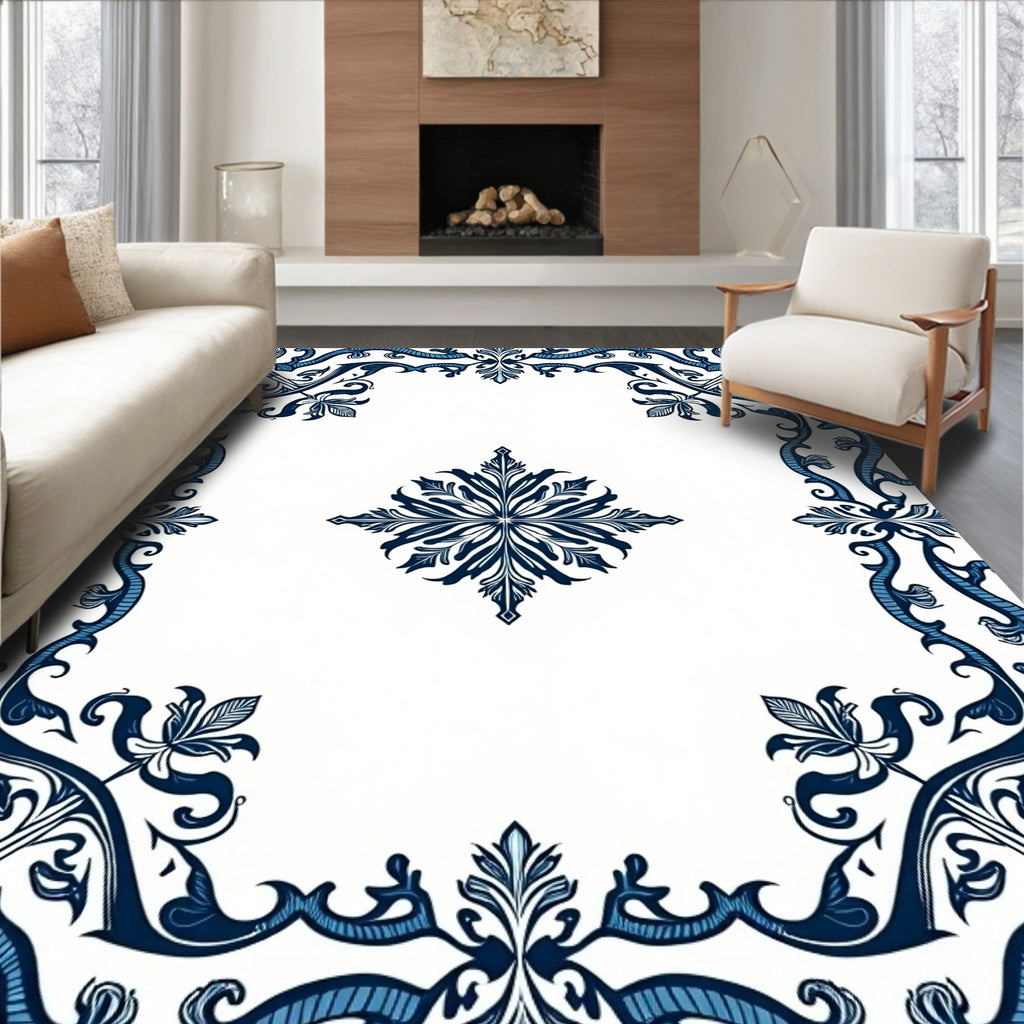 Elegant Blue Floral Scroll Border Rug