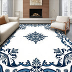Elegant Blue Floral Scroll Border Rug