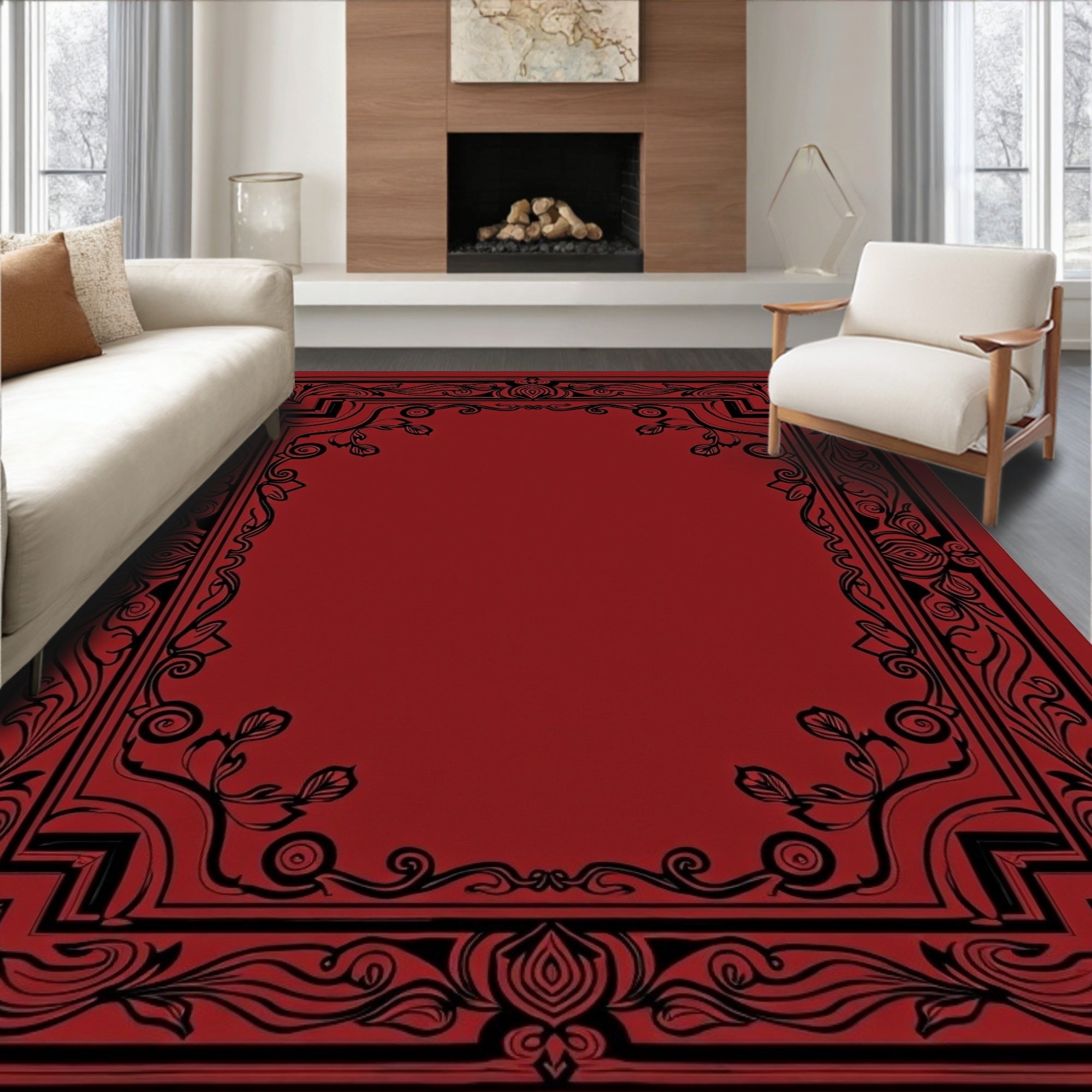 Ornate Floral Scrollwork Border Design Rug