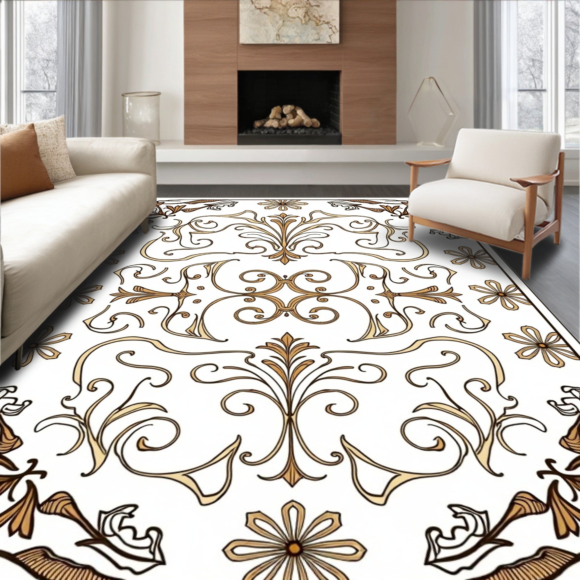 Ornate Golden Floral Patterned Rug
