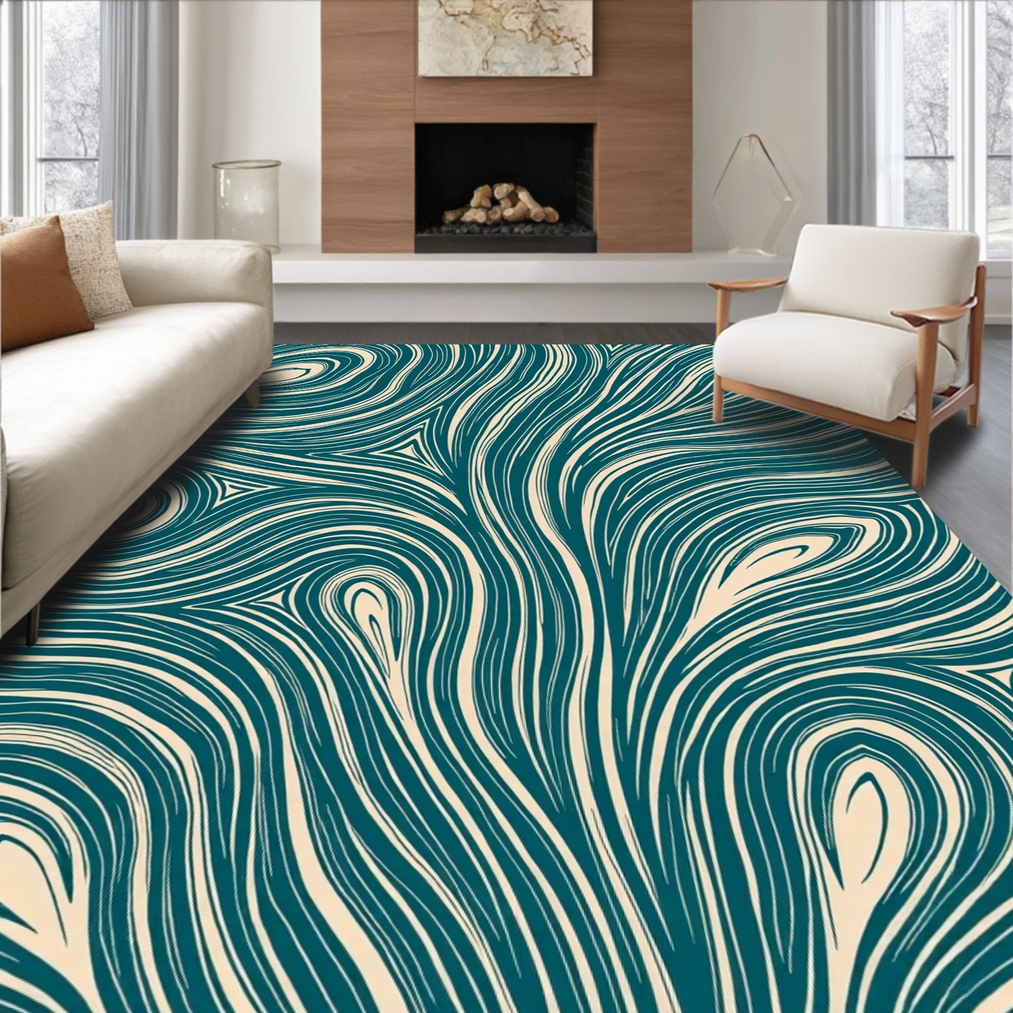 Teal and Cream Flowing Lines Design Rug