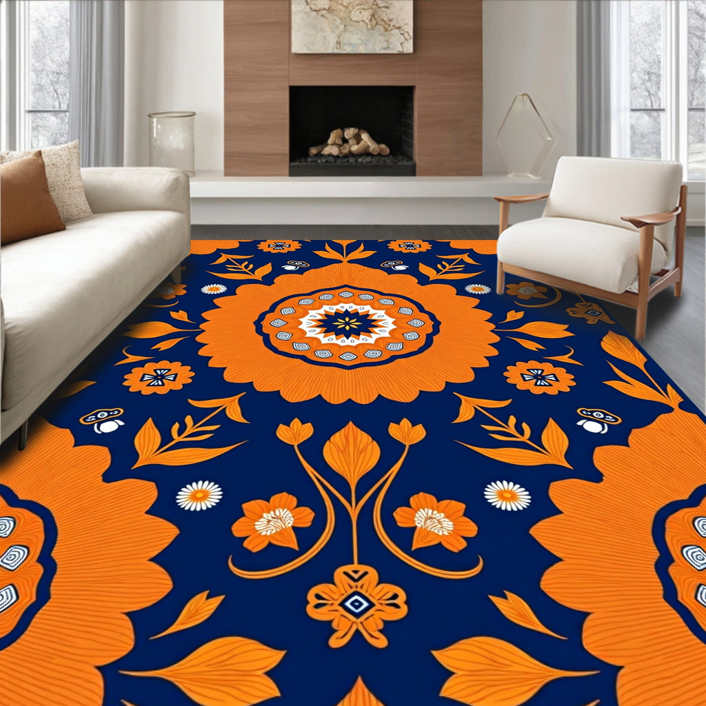 Bold Orange Navy Floral Medallion Pattern Rug