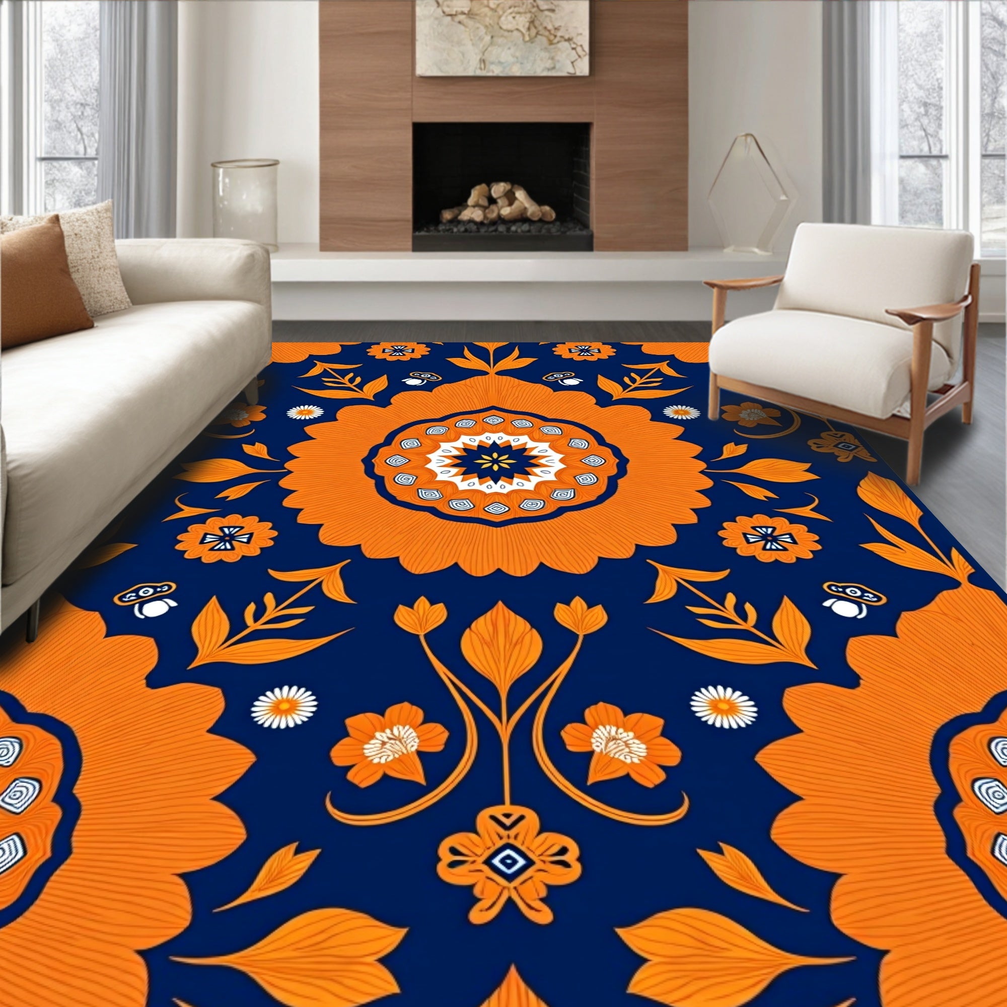 Bold Orange Navy Floral Medallion Pattern Rug