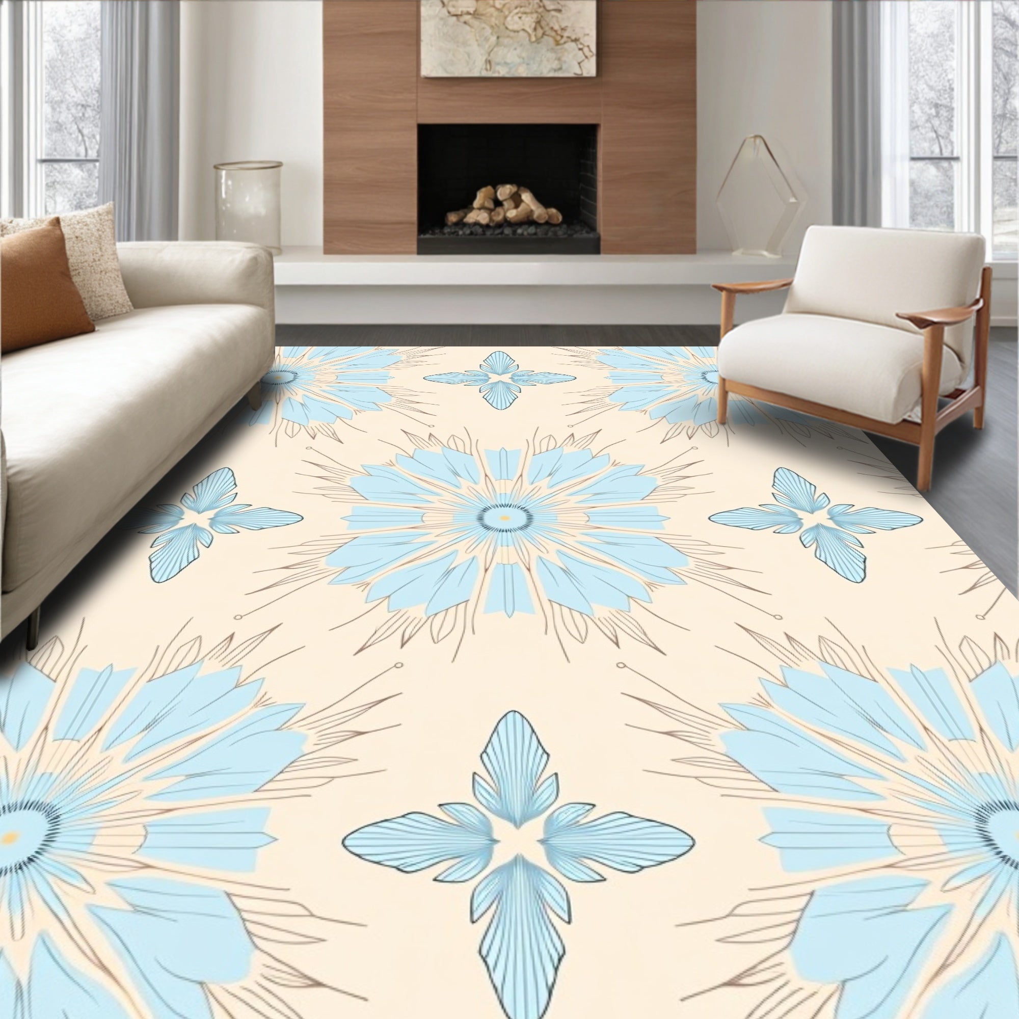 Light Blue 2 Petal Floral Design Rug