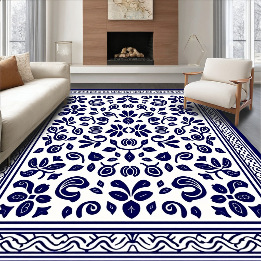 Classic Blue White Floral Pattern Rug