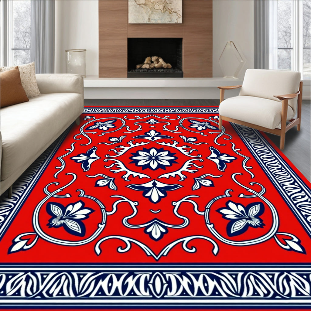 Classic Floral Bordered Red Rug