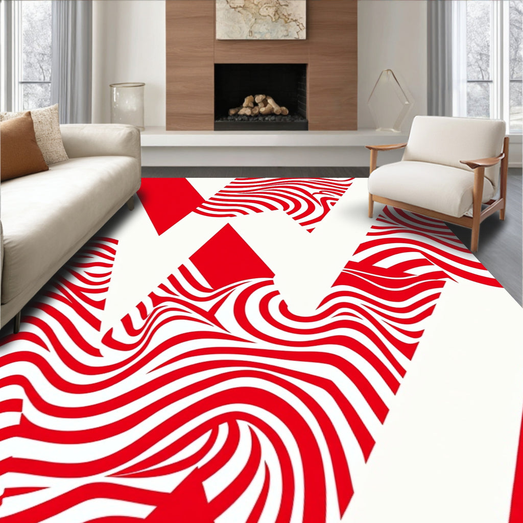 Abstract Red White Wavy Geometric Pattern Rug