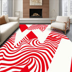 Abstract Red White Wavy Geometric Pattern Rug